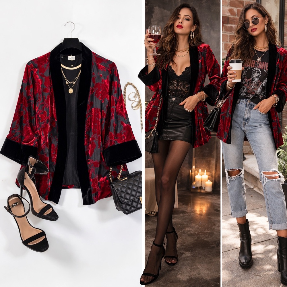 Chico’s Velvet Burnout Kimono Jacket Sz 0 (S) Romantic Luxe Whimsigoth Mobwife